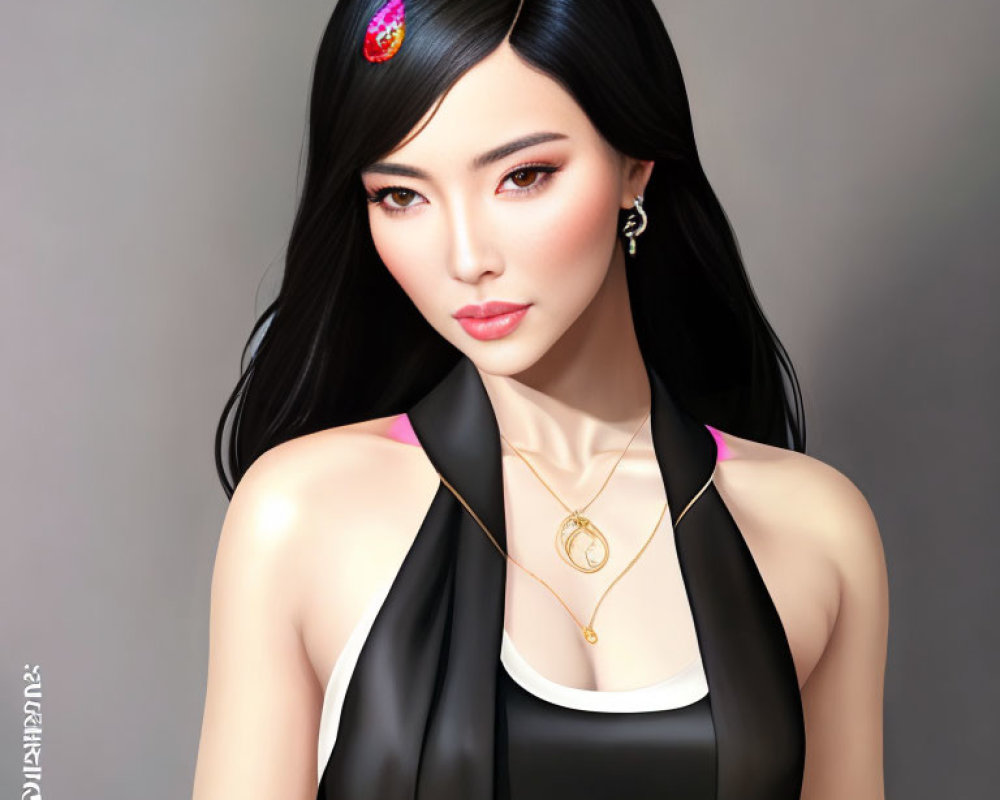 Digital portrait of woman with black hair, red hair clip, black & white outfit, gold accessories