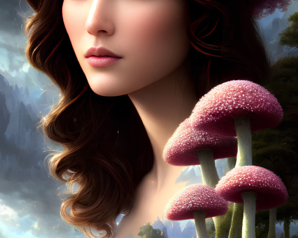 Digital Artwork: Woman's Portrait Integrated with Fantasy Landscape