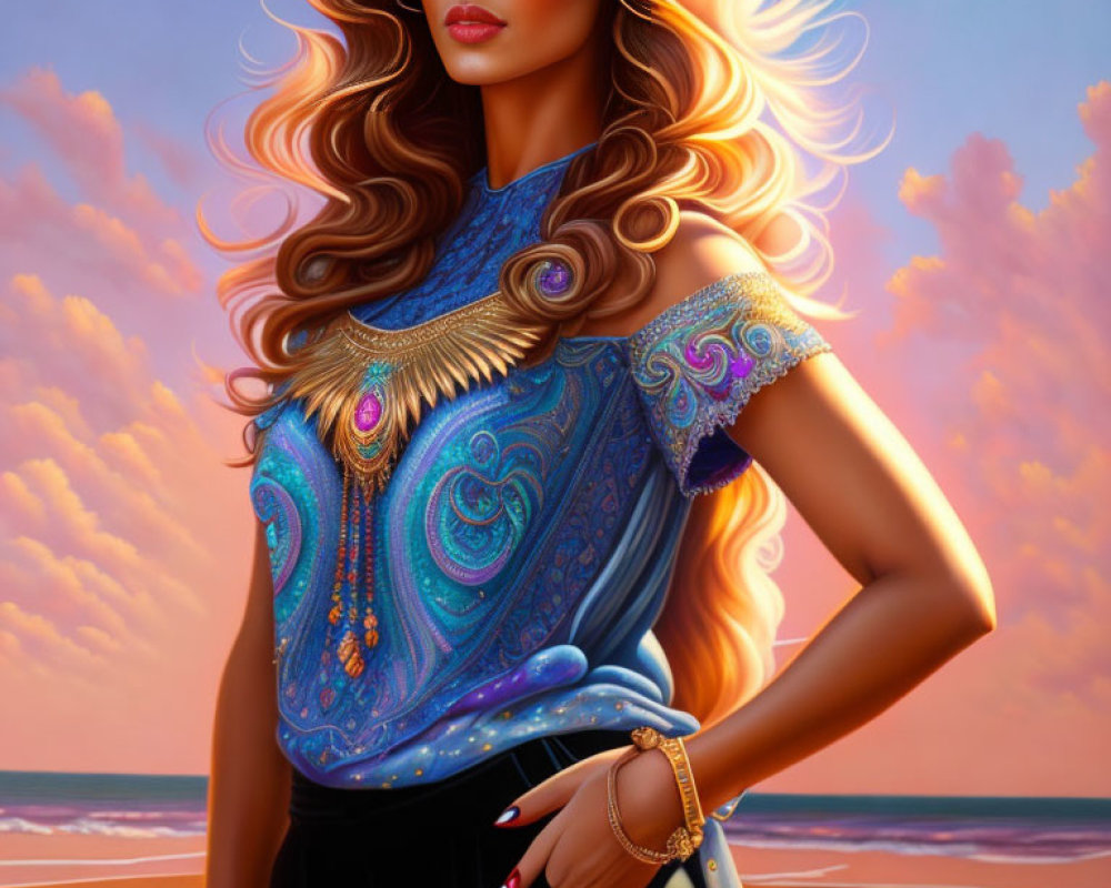 Voluminous wavy hair woman in ornate blue blouse at beach sunset