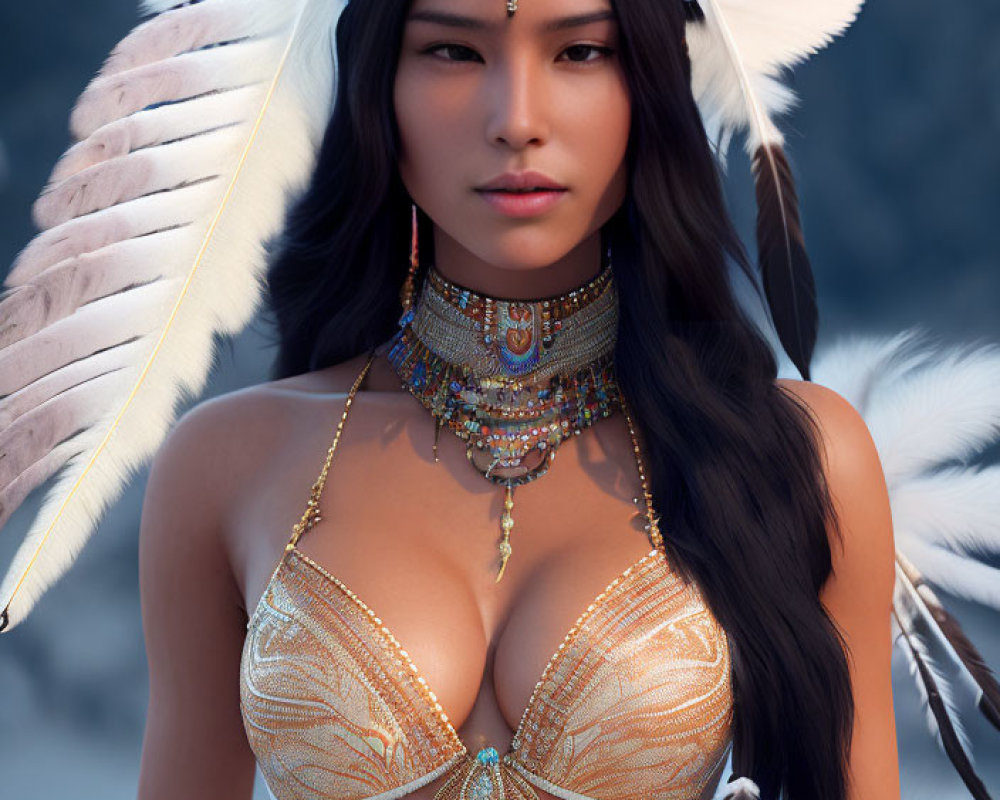 Elaborate Feathered Headdress and Gold Bikini in Snowy Setting