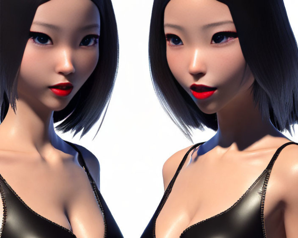 Identical 3D-rendered female figures in black outfits with bob hairstyles and red lipstick