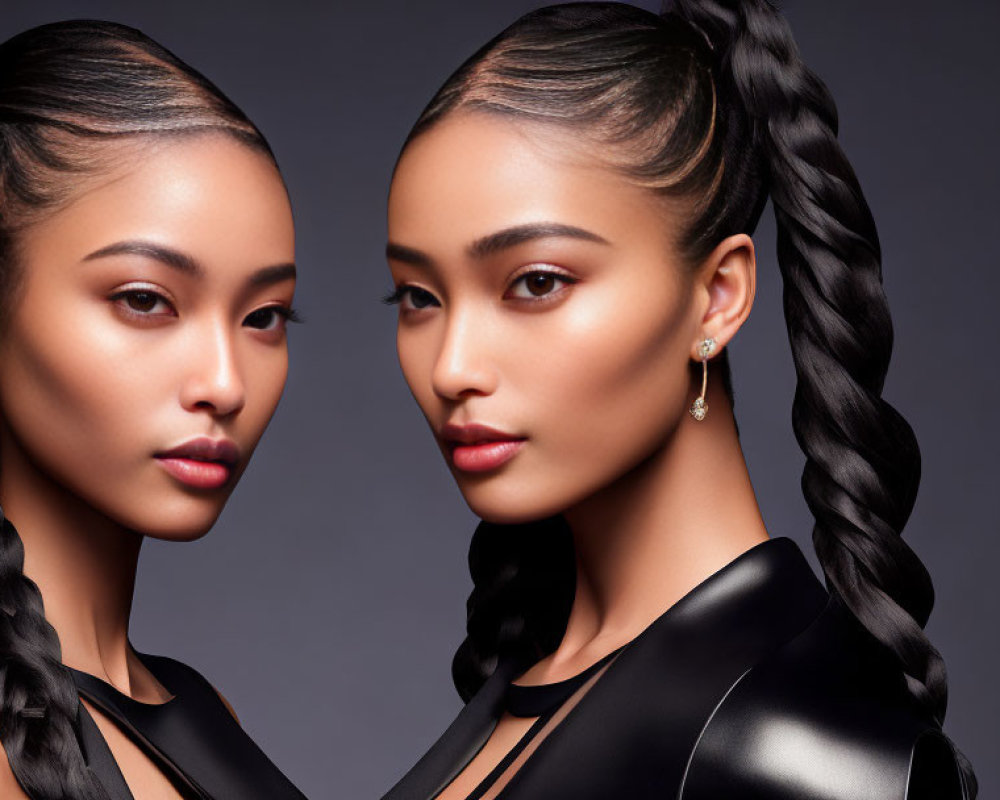 Two Women with Sleek Braided Hair and Elegant Makeup in Black Outfits against Gray Background