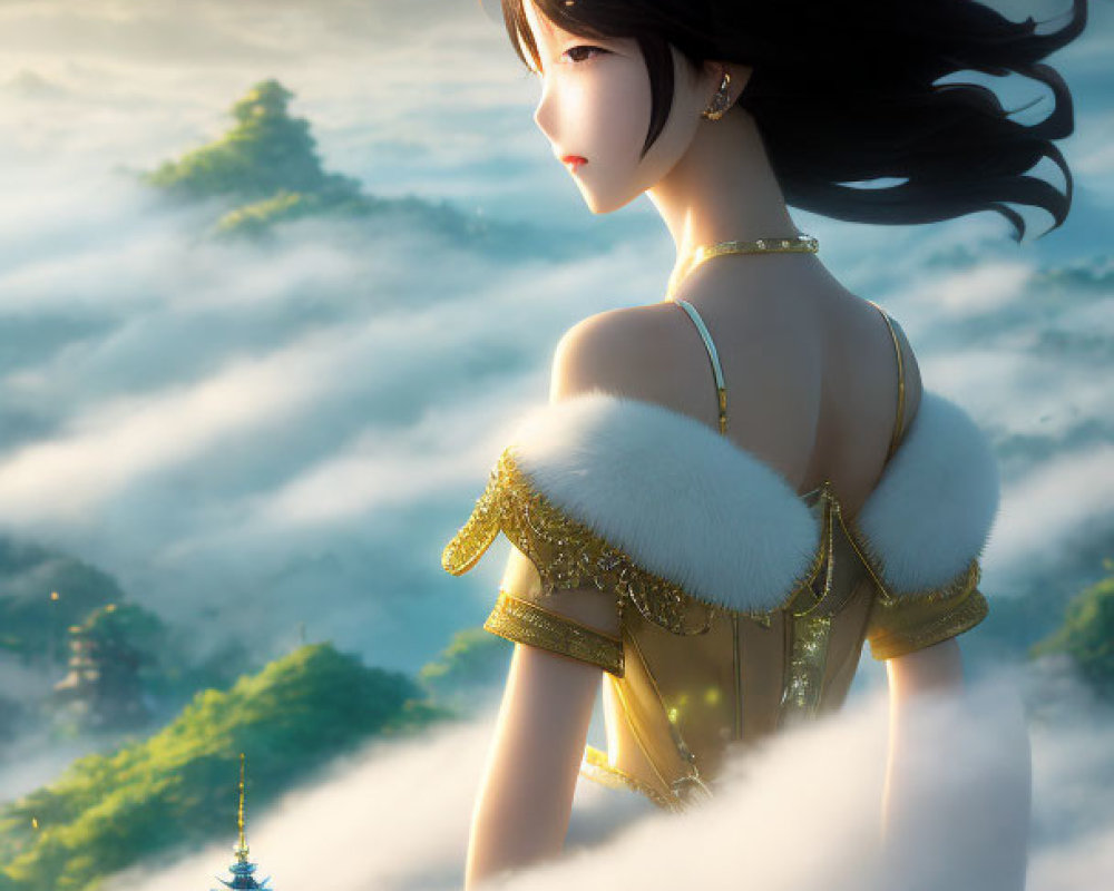 Long-haired animated woman in golden-trimmed outfit gazing at misty pagoda and hills.