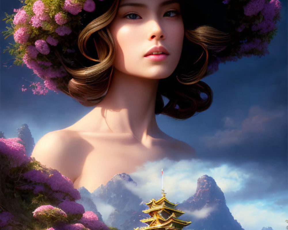 Digital Artwork: Woman with Elaborate Pink Flower Hat in Fantasy Landscape