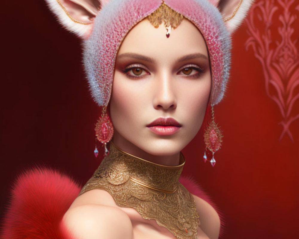 Digital artwork featuring woman with fox ears, golden choker, and earrings on red backdrop