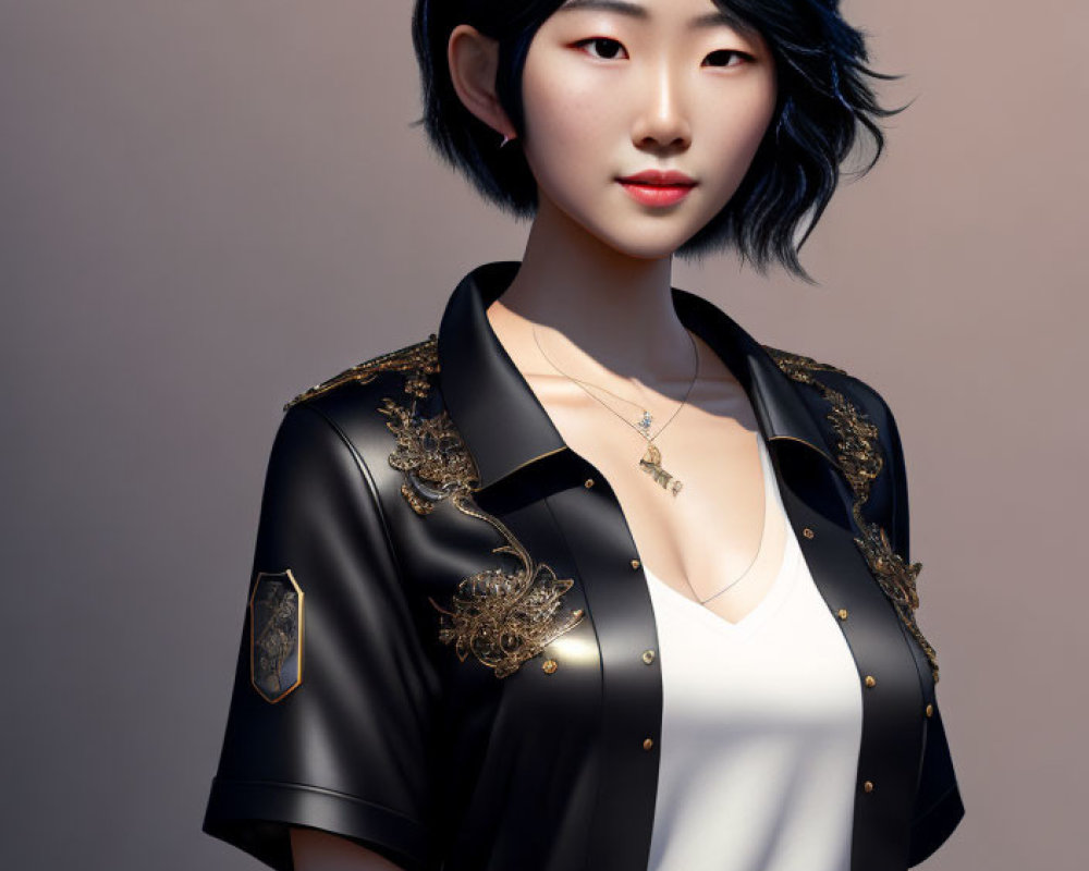 Digital Artwork: Asian Woman in Black Jacket & White Top