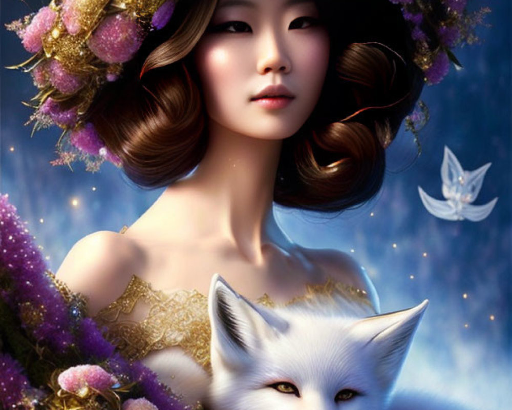 Woman with Floral Crown and White Fox in Mystical Setting