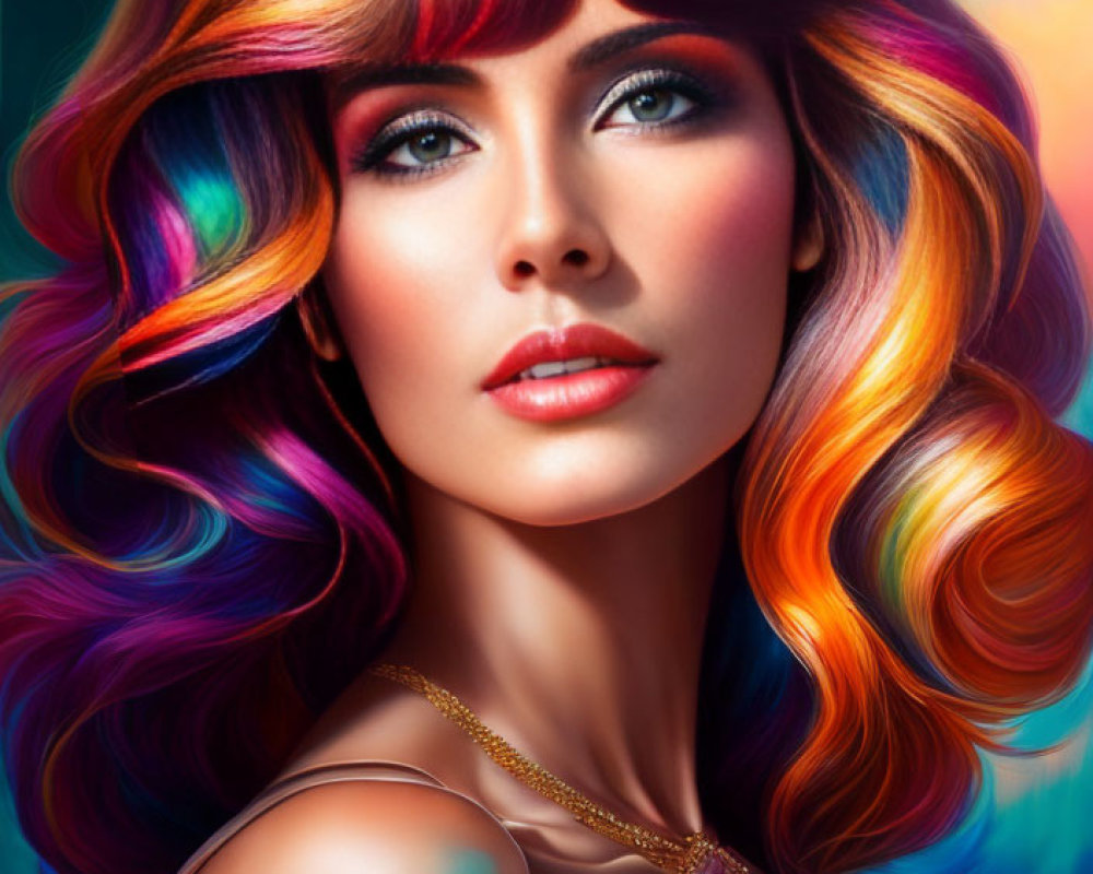 Vibrant Rainbow-Colored Hair Woman with Striking Blue Eyes on Colorful Background