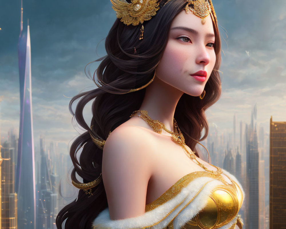 Digital artwork: Woman with golden headdress overlooking futuristic cityscape