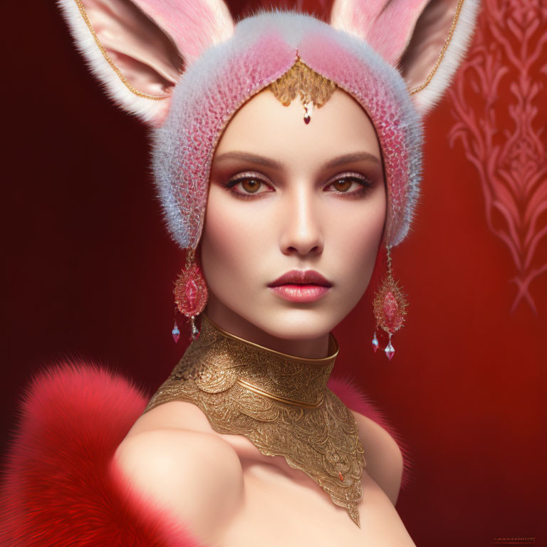 Digital artwork featuring woman with fox ears, golden choker, and earrings on red backdrop