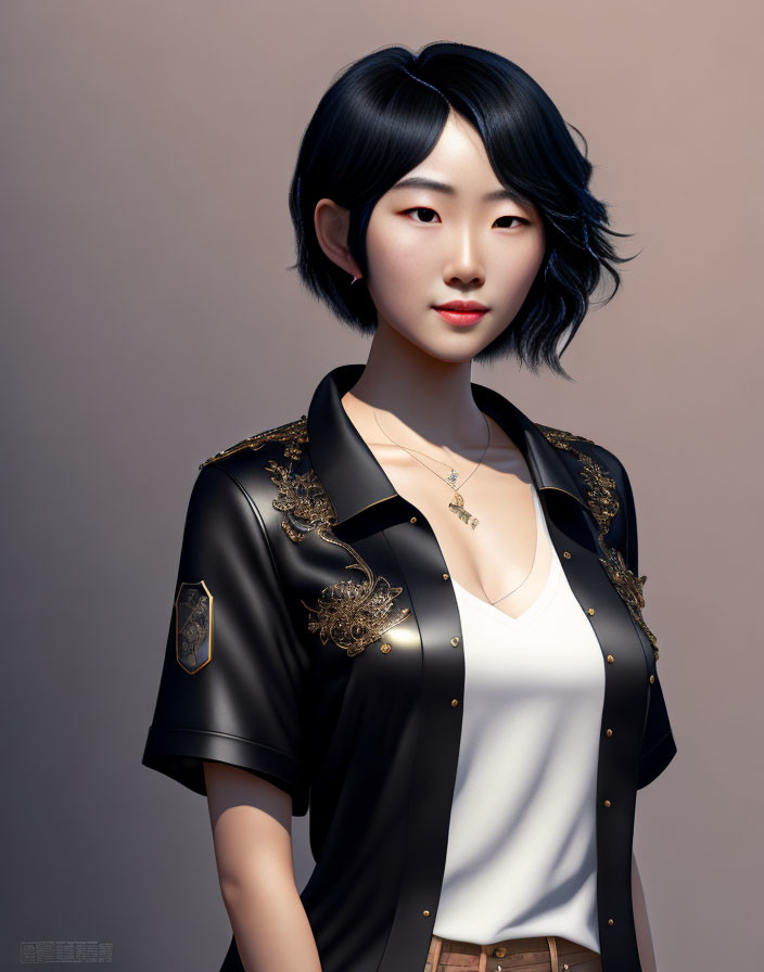 Digital Artwork: Asian Woman in Black Jacket & White Top