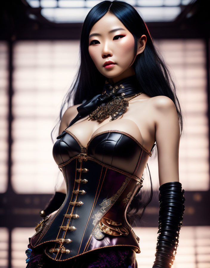 Dark-haired woman in black corset with gold details against grid window