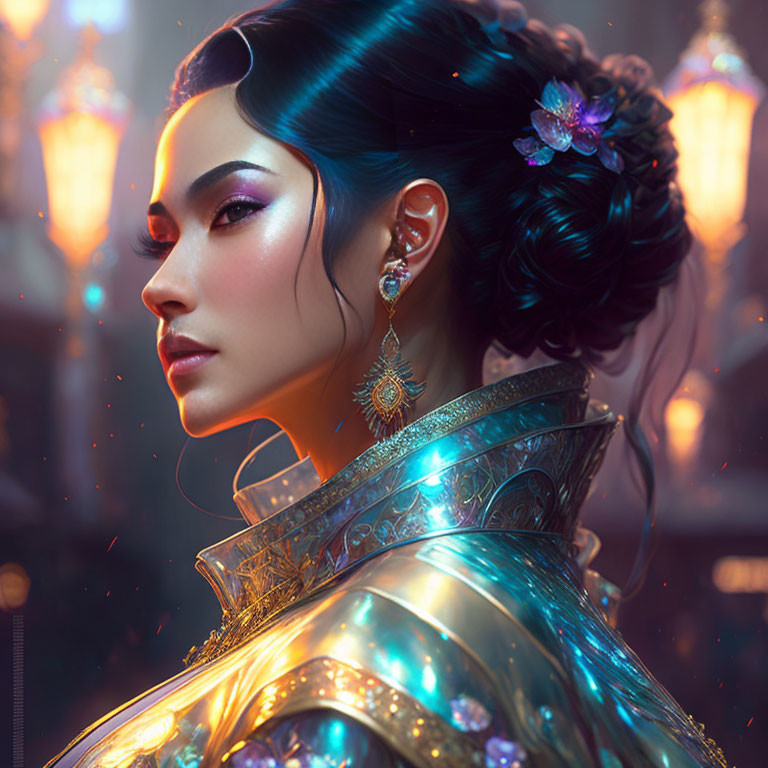 Elegant woman portrait in traditional attire with glowing lanterns