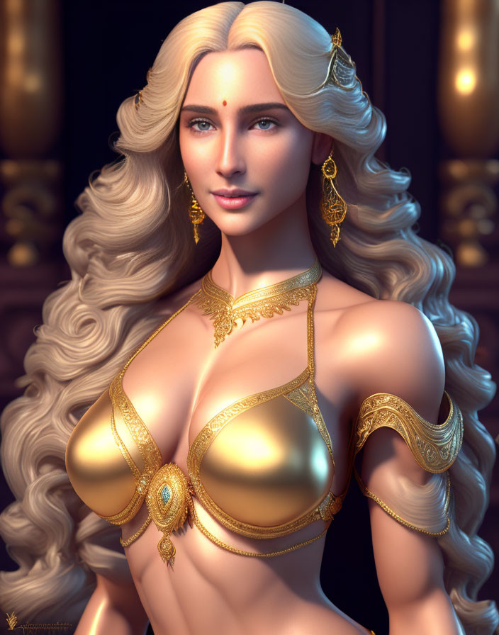 Blonde woman in ornate gold attire on dark backdrop