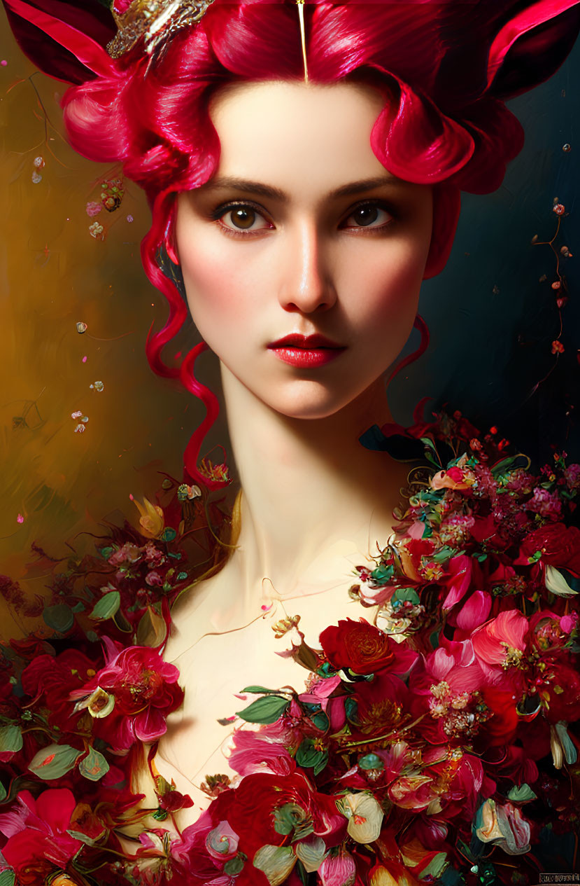 Vibrant pink hair portrait with floral updo on warm backdrop