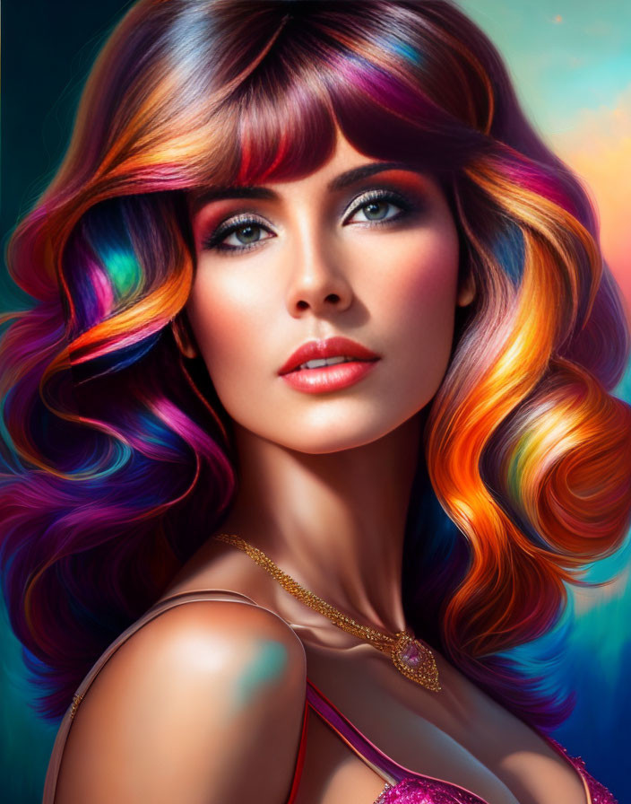 Vibrant Rainbow-Colored Hair Woman with Striking Blue Eyes on Colorful Background