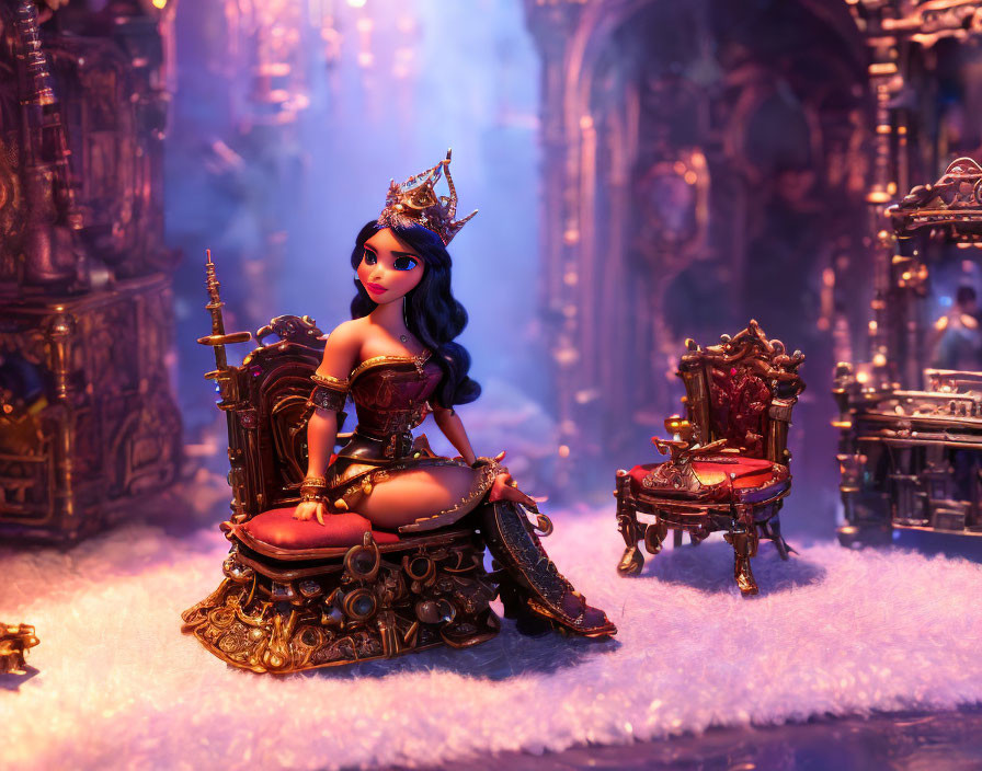 Fantasy Queen Doll on Majestic Throne Amid Purple Haze