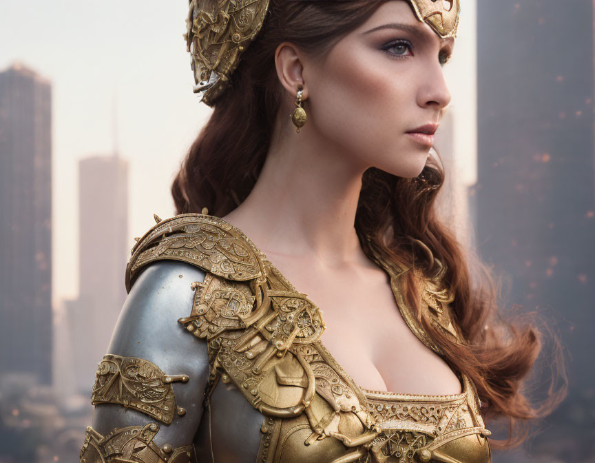 Golden-armored woman in matching helmet gazes against hazy cityscape