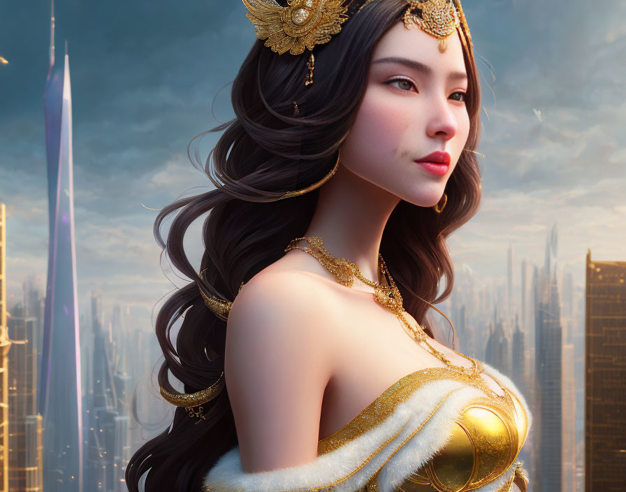 Digital artwork: Woman with golden headdress overlooking futuristic cityscape