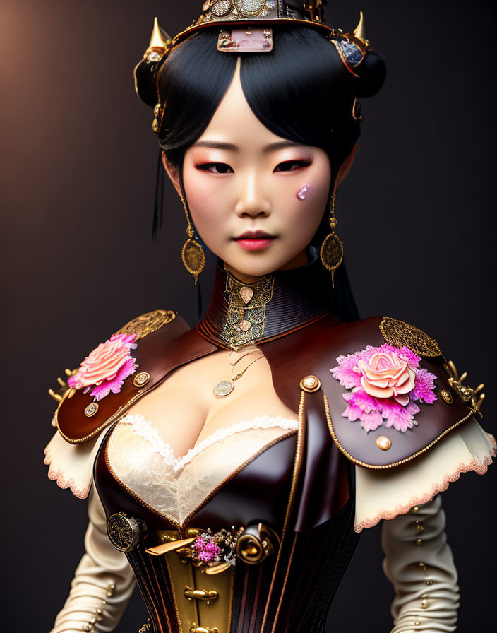 Digital artwork of woman in ornate fantasy costume with East Asian features