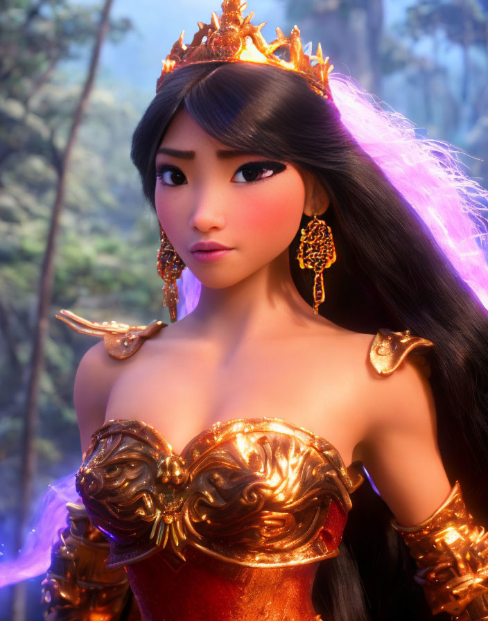 Golden tiara and armor on a 3D-animated female character in mystical forest