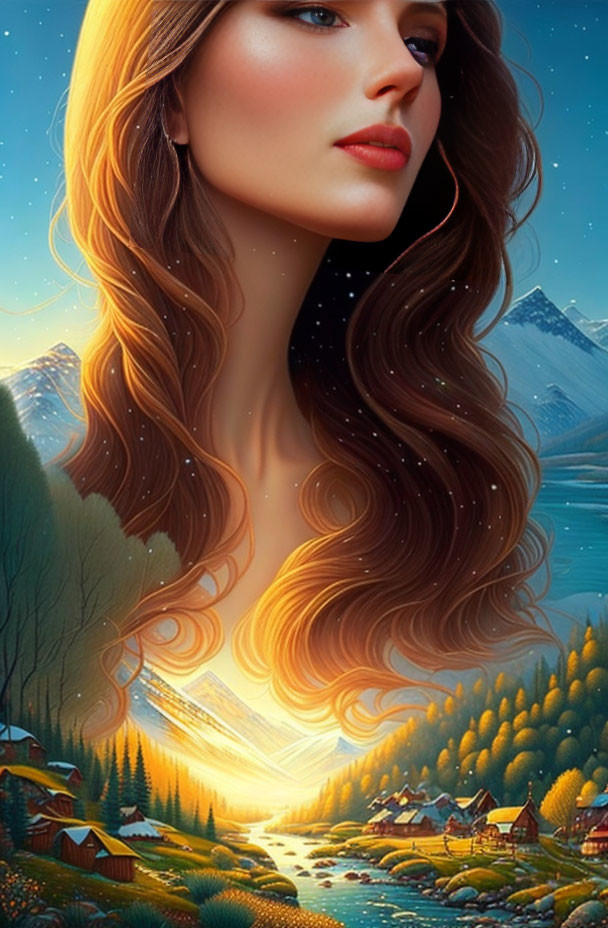 Digital artwork: Woman's profile merges with vibrant landscape, hair becomes mountains, river, sunset