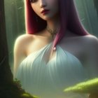 Digital artwork: Woman with purple hair, gold crown and necklace, white dress, serene forest background