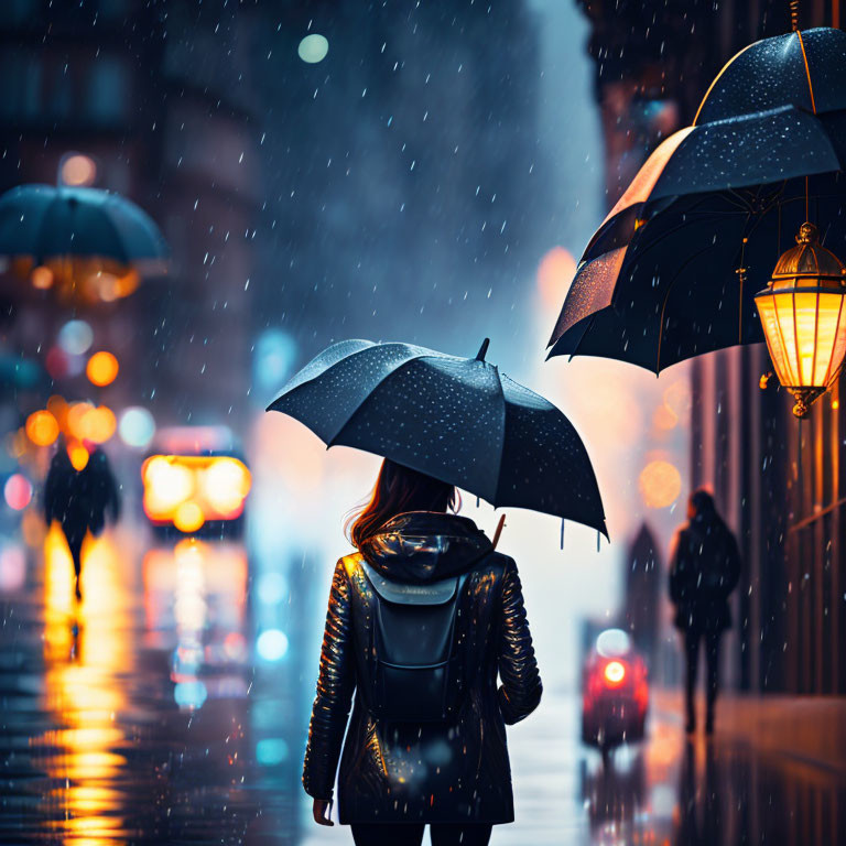 Person with umbrella walks rainy city street at night with glowing lights.