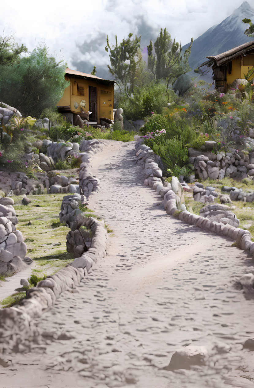 Tranquil Sandy Path with Rustic Wooden Huts and Mountainous Backdrop