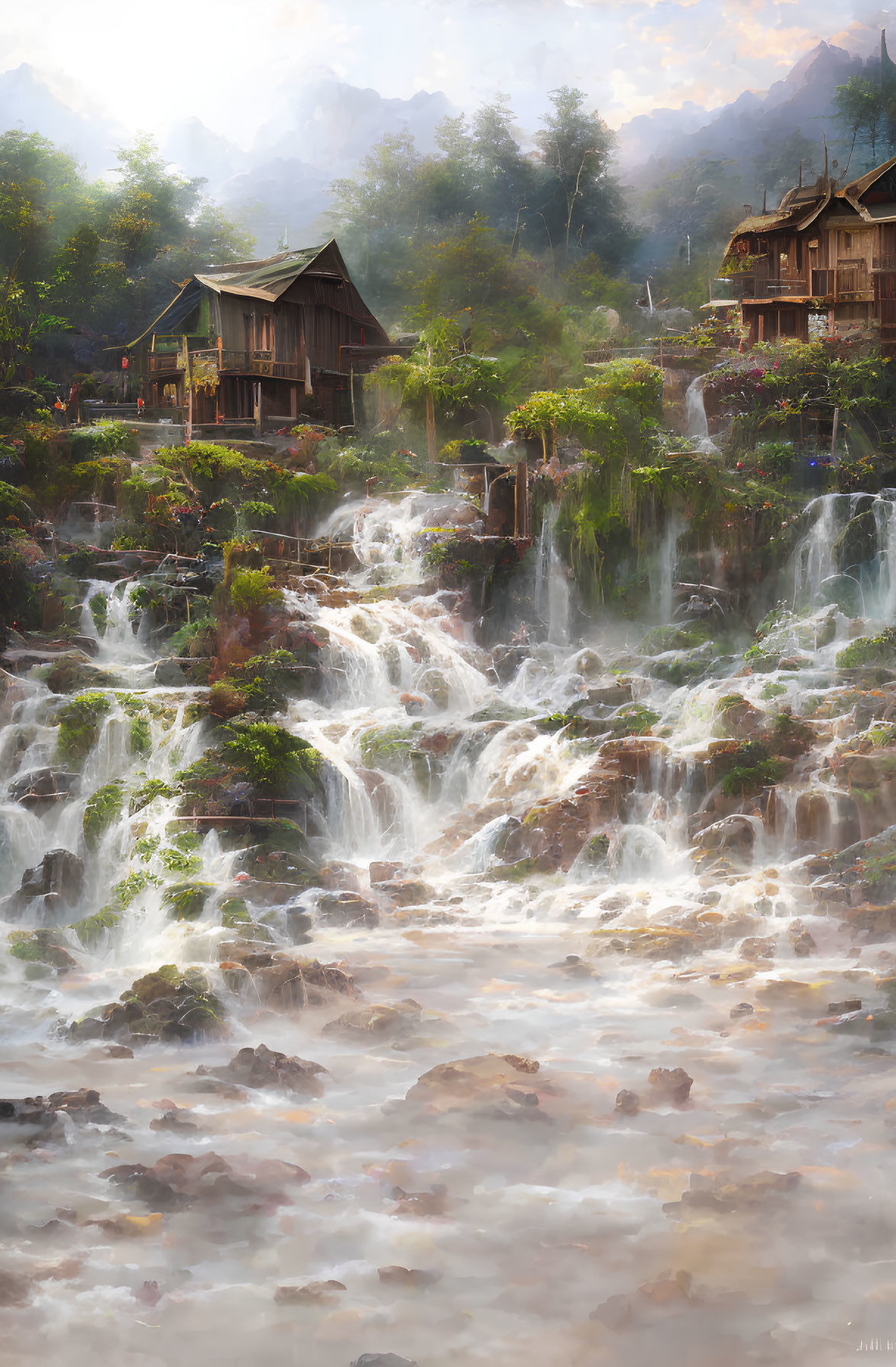 Tranquil waterfall, wooden houses, lush vegetation, misty mountain scene