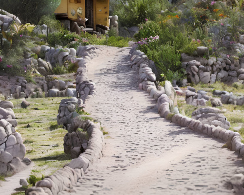 Tranquil Sandy Path with Rustic Wooden Huts and Mountainous Backdrop