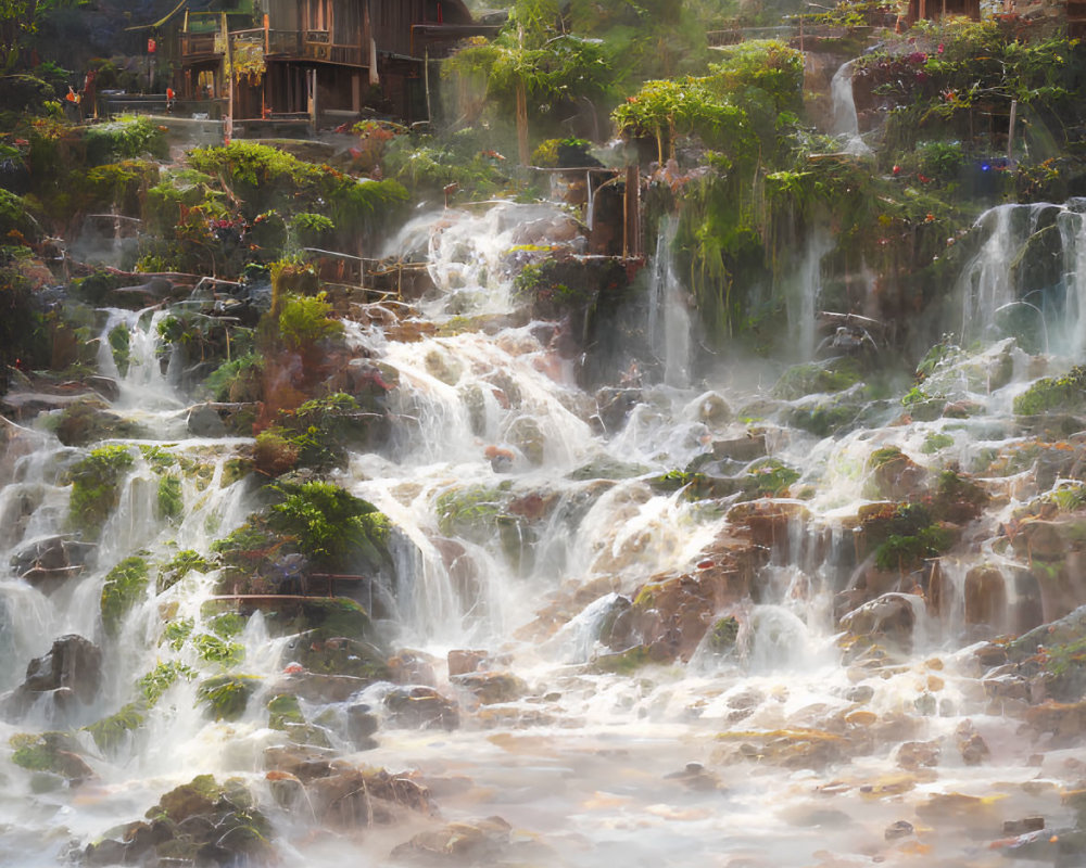 Tranquil waterfall, wooden houses, lush vegetation, misty mountain scene