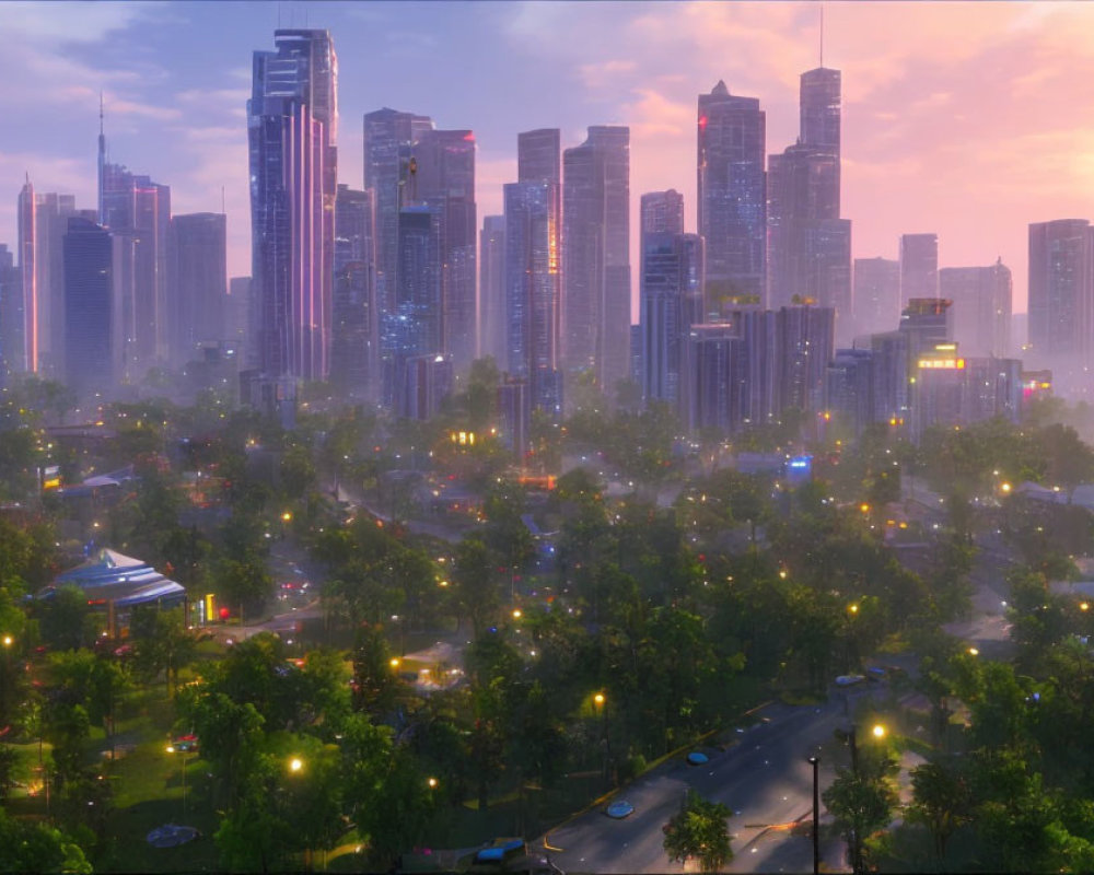 Cityscape at Dusk: Glowing Lights, Misty Skyscrapers, and Greenery