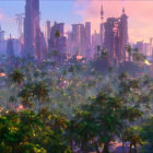 Cityscape at Dusk: Glowing Lights, Misty Skyscrapers, and Greenery