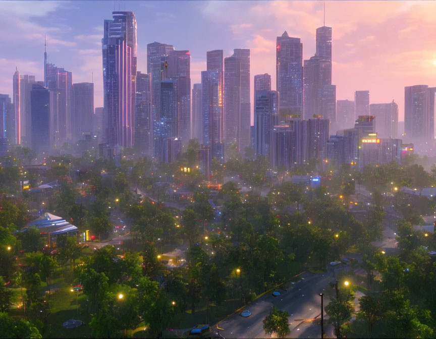 Cityscape at Dusk: Glowing Lights, Misty Skyscrapers, and Greenery