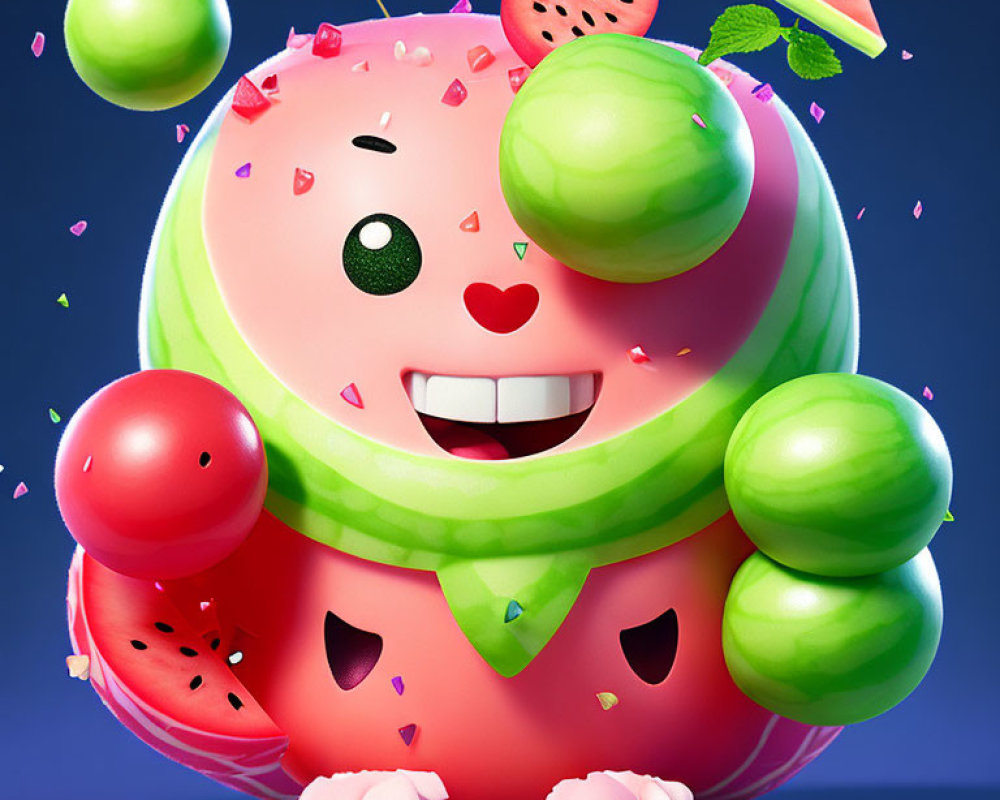 Colorful Animated Watermelon Character with Watermelon Slices and Juice Droplets on Blue Background