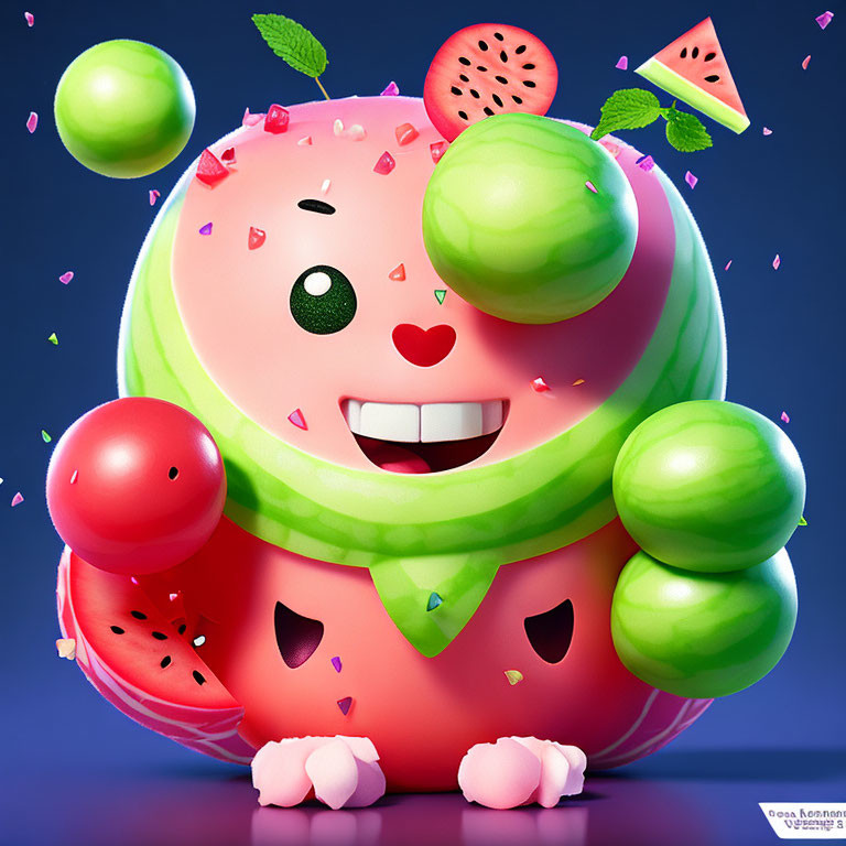 Colorful Animated Watermelon Character with Watermelon Slices and Juice Droplets on Blue Background