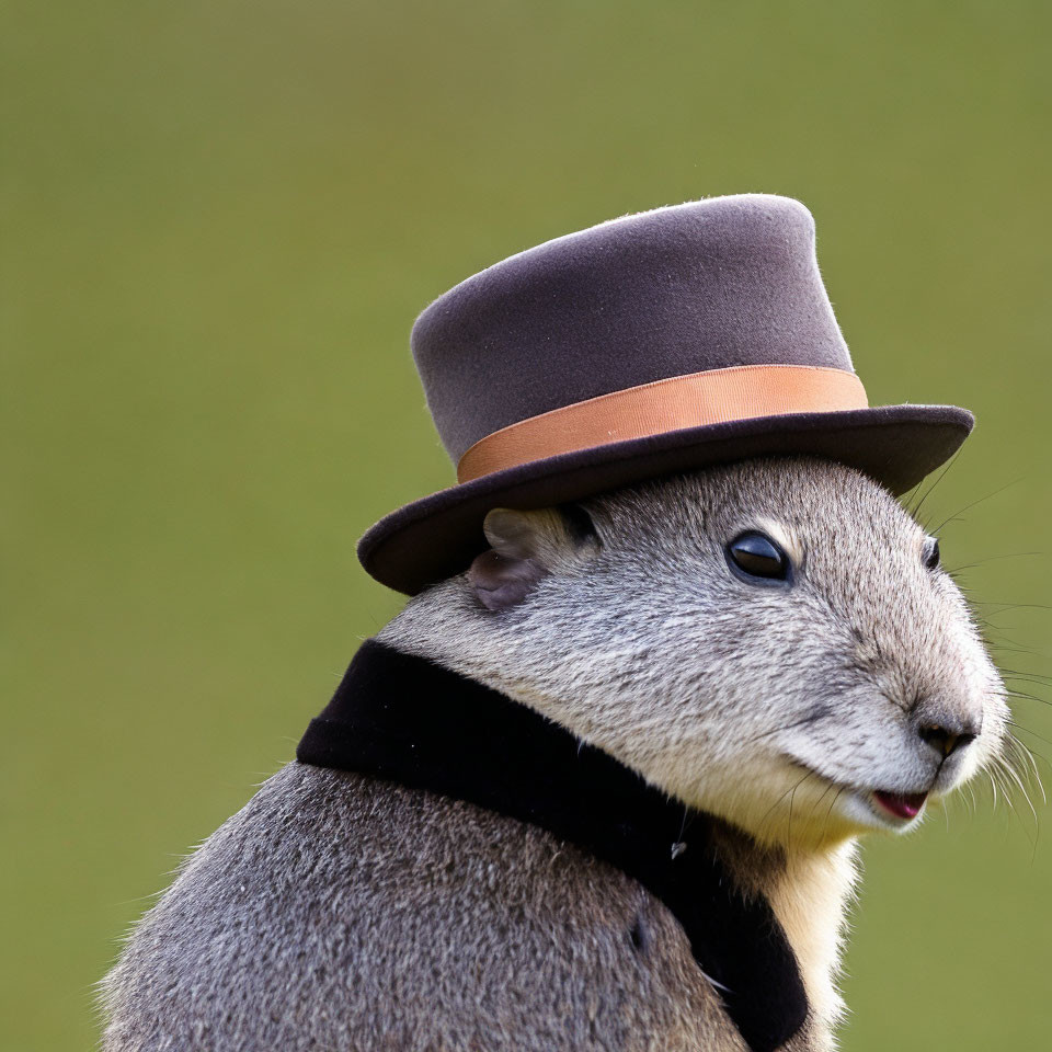 Groundhog in Brown Top Hat and Black Ribbon Collar on Green Background