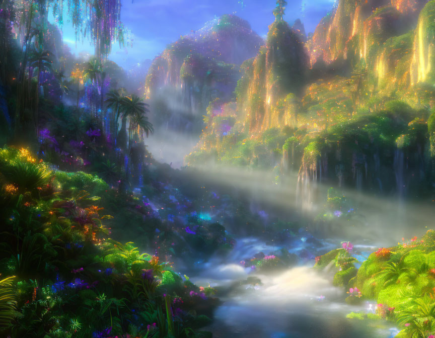 Vibrant foliage and waterfalls in mystical landscape with glowing mist