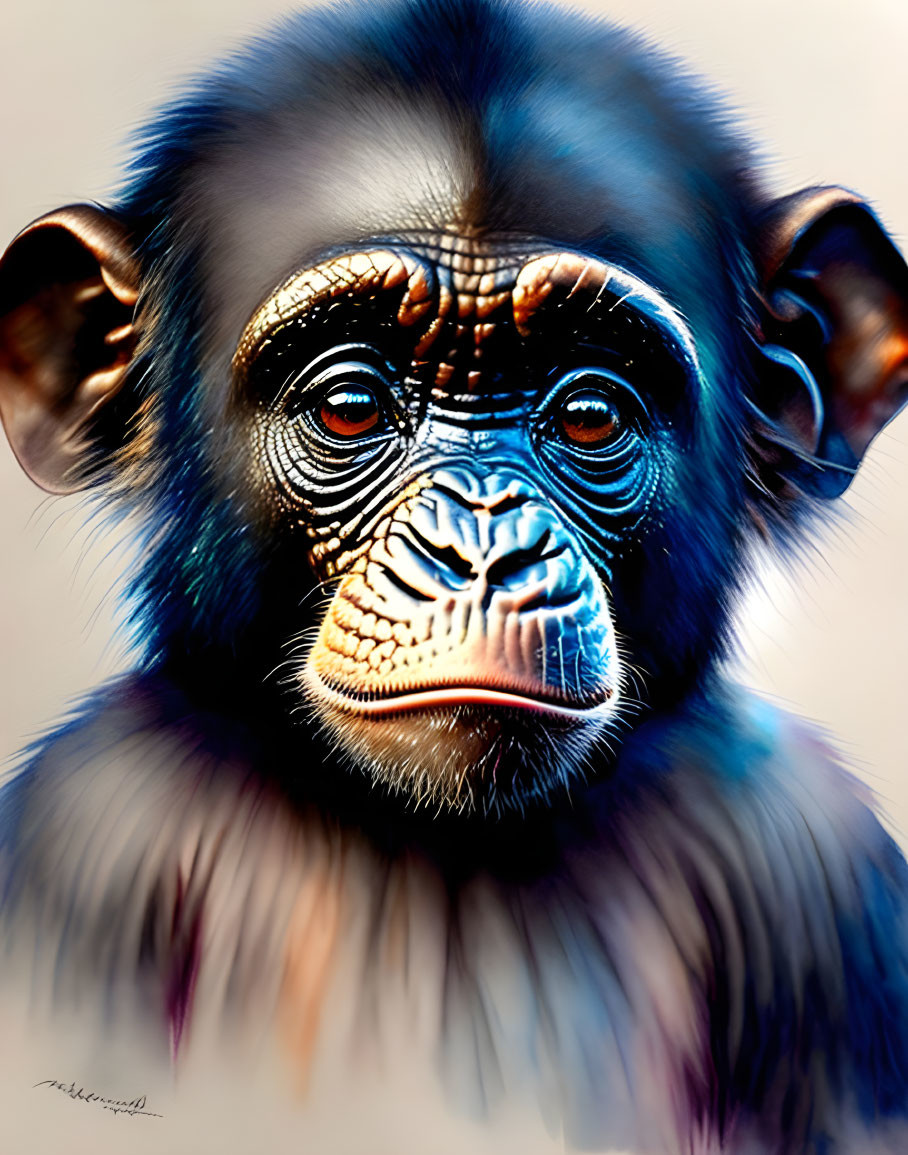 Vibrant Chimpanzee Face Artwork with Soft-focus Background