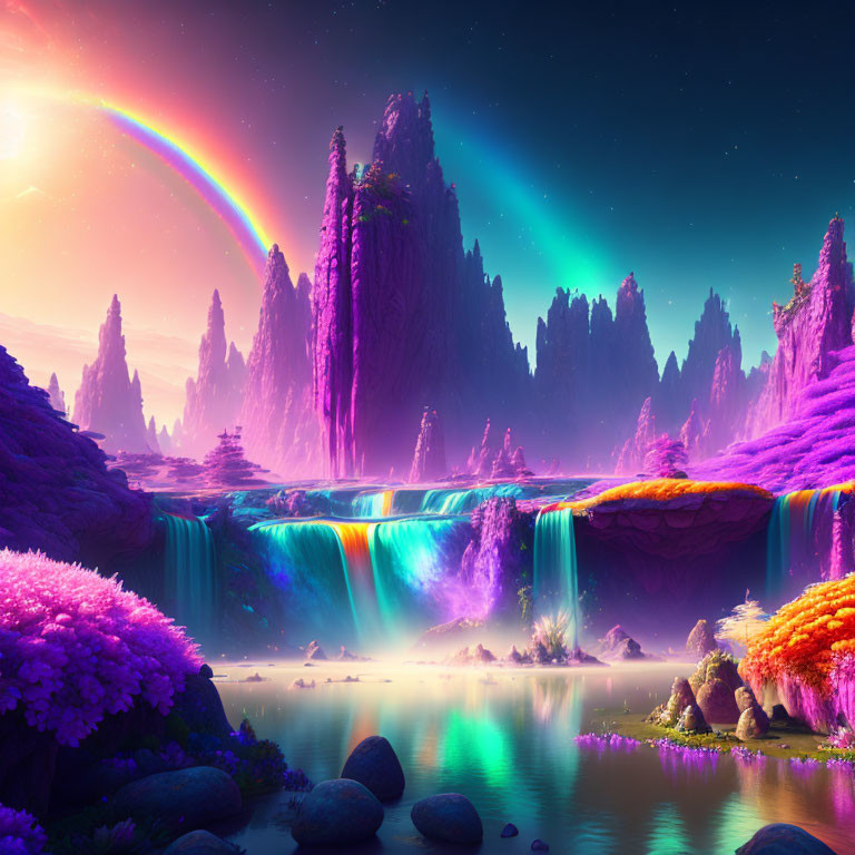 Fantasy landscape with rainbow, neon-lit waterfalls, purple foliage, and rock formations