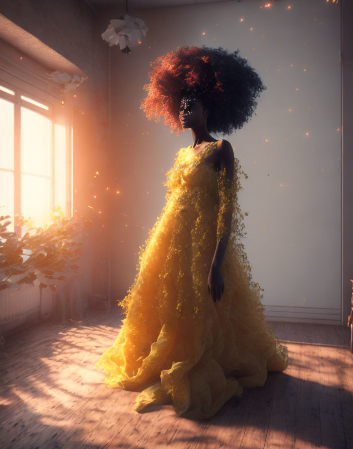 Woman in flowing yellow dress in sunlit room with sparkling lights and lush afro hairstyle