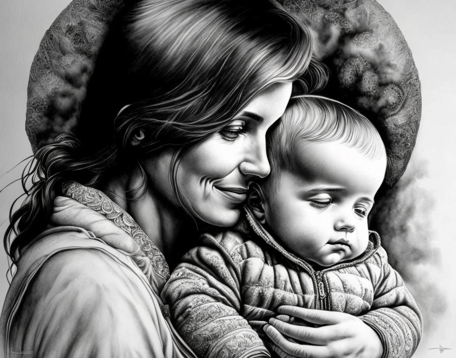 Monochrome drawing of smiling woman with sleeping baby in detailed shading