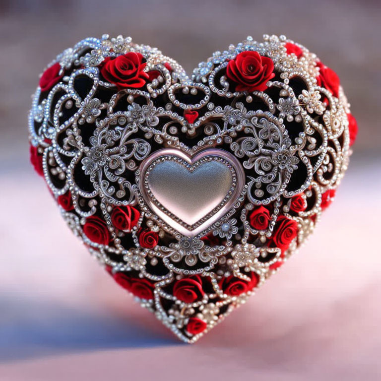 Heart-shaped object with red roses, filigree, and jewels for a romantic design