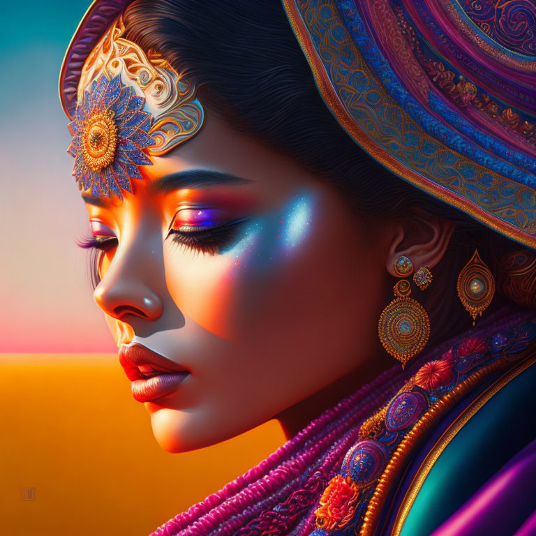 Vibrant makeup and ornate jewelry on woman in warm sunlight