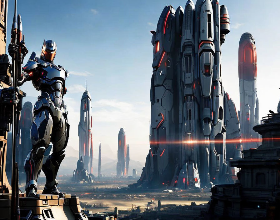 Futuristic cityscape with towering structures and humanoid figure in advanced armor