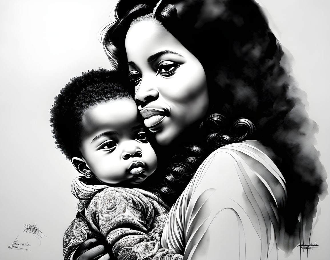 Monochrome illustration of mother and baby with detailed, expressive faces