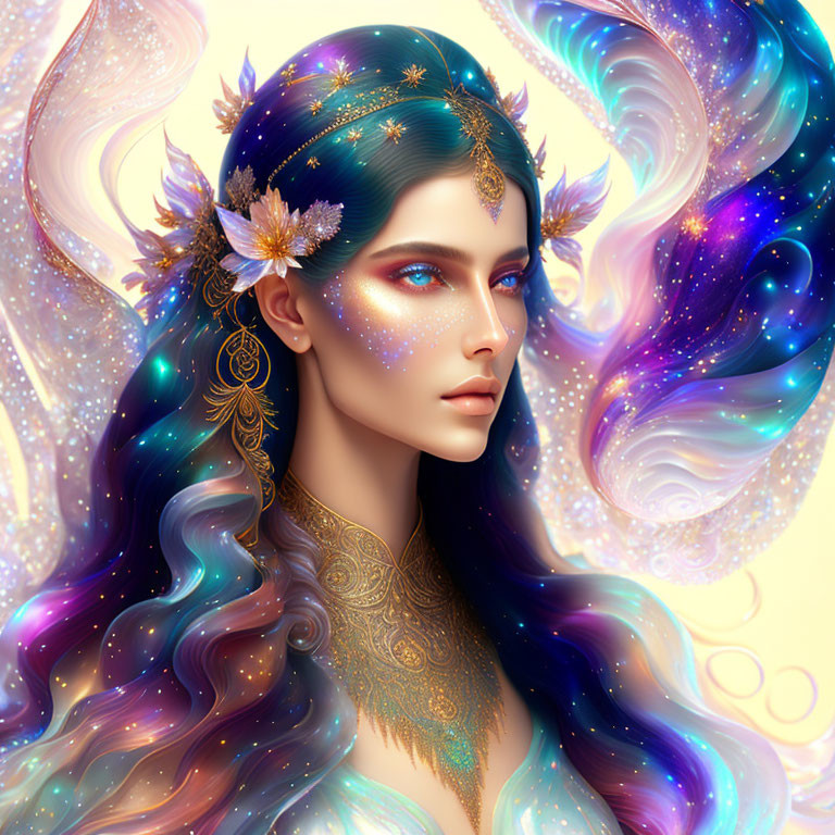 Vibrant galaxy-themed hair on mystical woman with golden jewelry amid cosmic backdrop