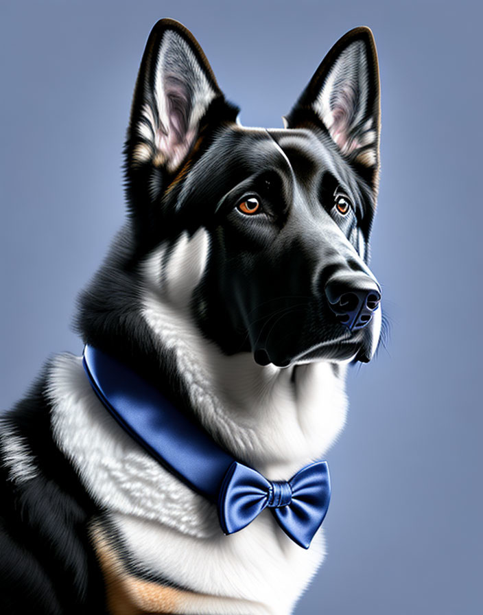 Black and Tan Dog Illustration with Blue Bow Tie on Grey Background