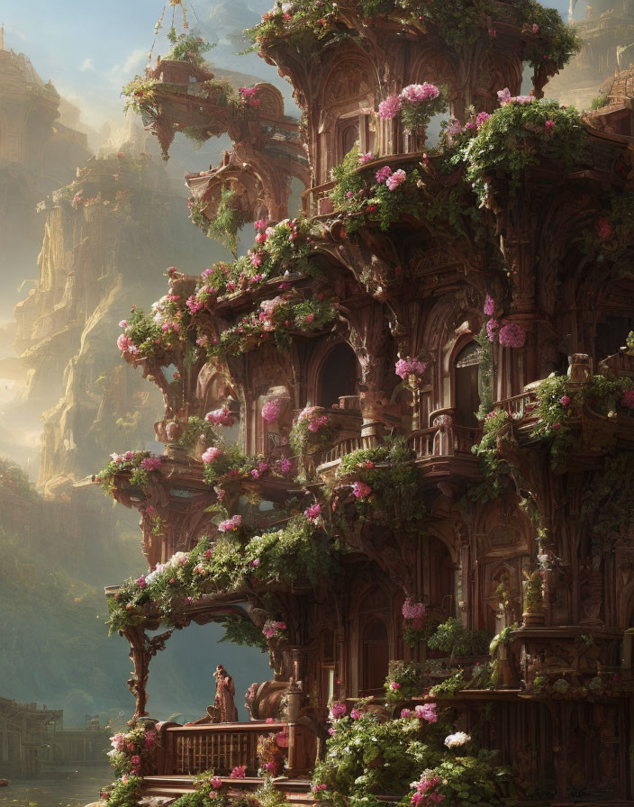 Ornate fantasy architecture with overgrown plants in dreamy forest setting